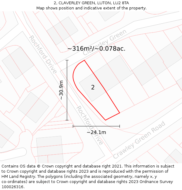 2, CLAVERLEY GREEN, LUTON, LU2 8TA: Plot and title map