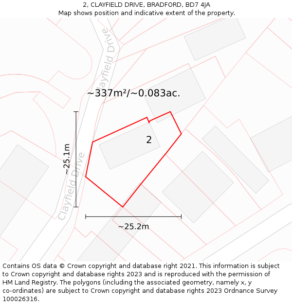 2, CLAYFIELD DRIVE, BRADFORD, BD7 4JA: Plot and title map