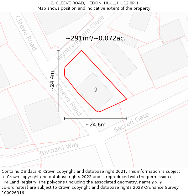 2, CLEEVE ROAD, HEDON, HULL, HU12 8PH: Plot and title map