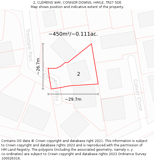 2, CLEMENS WAY, CONNOR DOWNS, HAYLE, TR27 5DE: Plot and title map