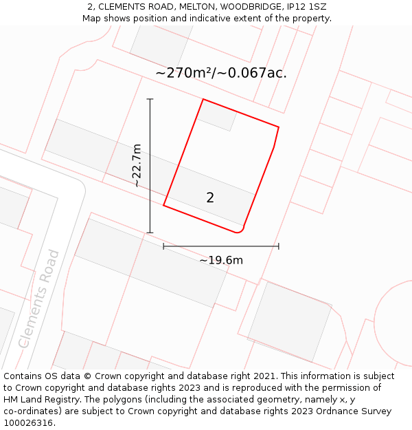 2, CLEMENTS ROAD, MELTON, WOODBRIDGE, IP12 1SZ: Plot and title map