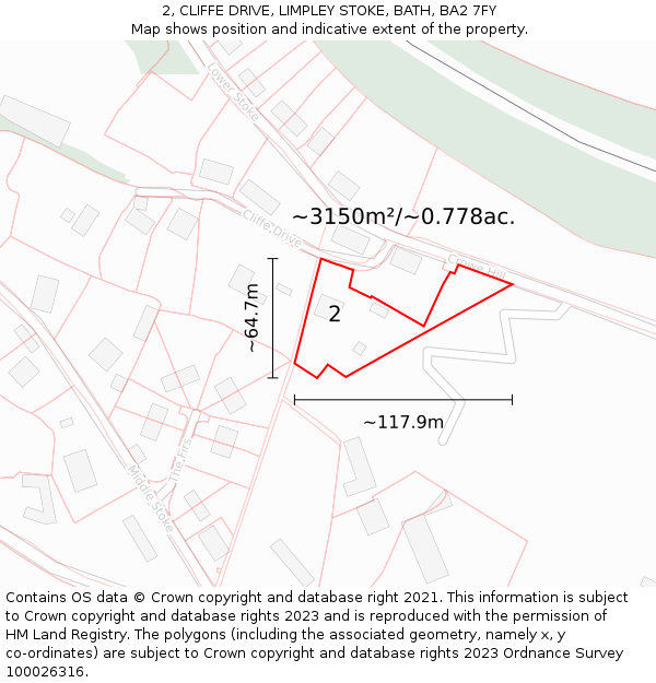 2, CLIFFE DRIVE, LIMPLEY STOKE, BATH, BA2 7FY: Plot and title map