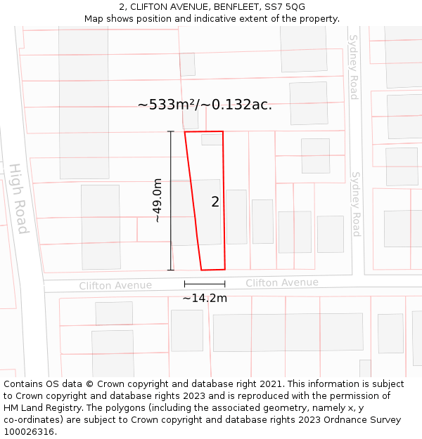 2, CLIFTON AVENUE, BENFLEET, SS7 5QG: Plot and title map