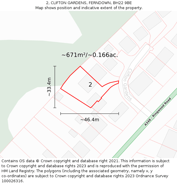 2, CLIFTON GARDENS, FERNDOWN, BH22 9BE: Plot and title map