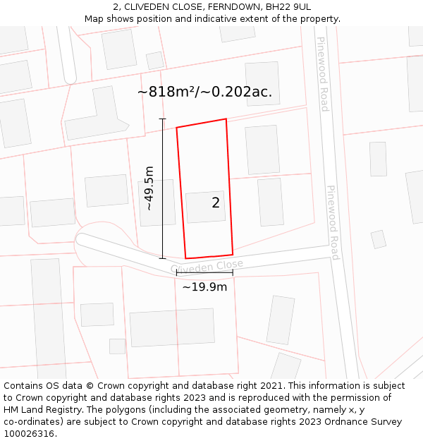 2, CLIVEDEN CLOSE, FERNDOWN, BH22 9UL: Plot and title map