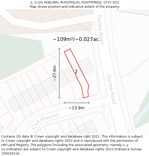 2, CLOS ANEURIN, RHYDYFELIN, PONTYPRIDD, CF37 5DZ: Plot and title map