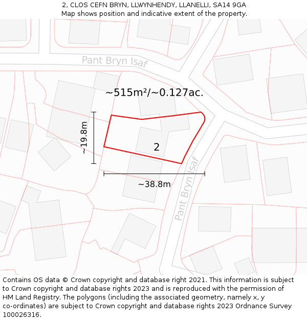 2, CLOS CEFN BRYN, LLWYNHENDY, LLANELLI, SA14 9GA: Plot and title map