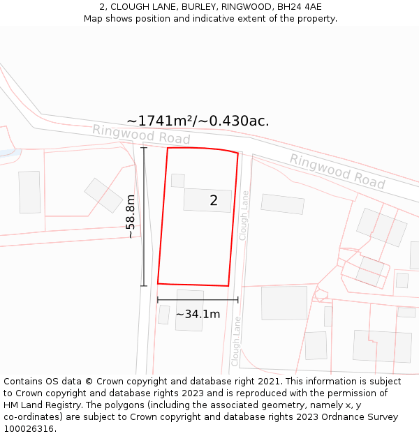 2, CLOUGH LANE, BURLEY, RINGWOOD, BH24 4AE: Plot and title map