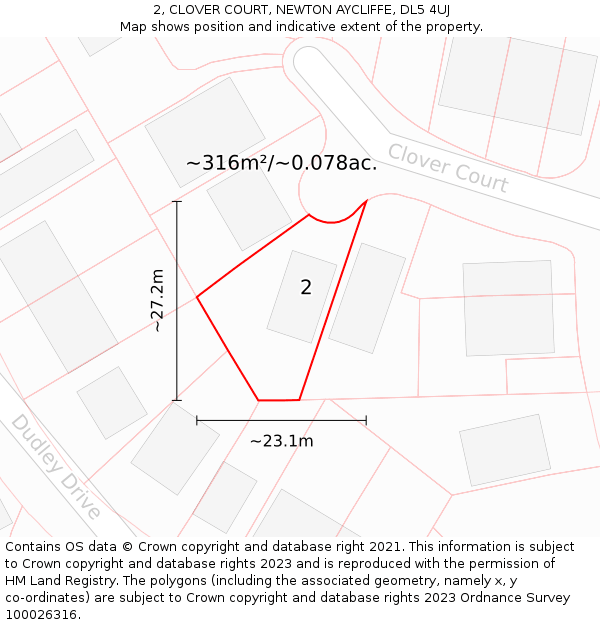 2, CLOVER COURT, NEWTON AYCLIFFE, DL5 4UJ: Plot and title map