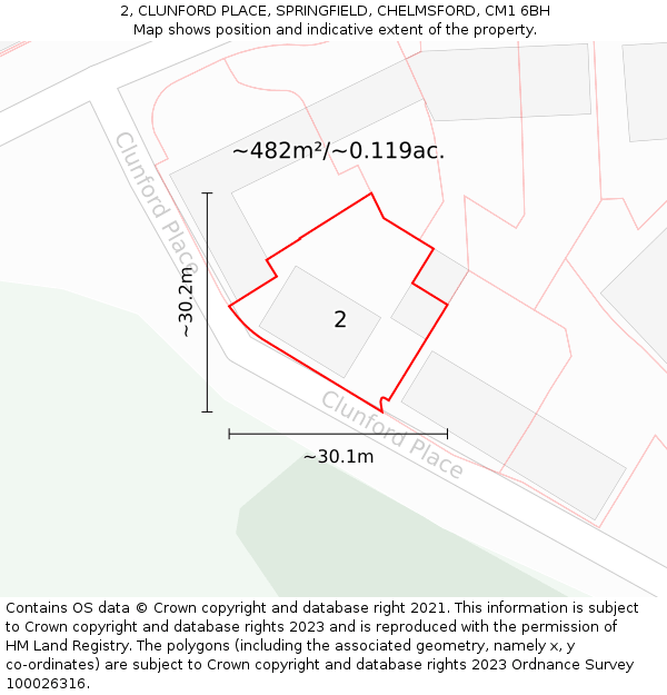 2, CLUNFORD PLACE, SPRINGFIELD, CHELMSFORD, CM1 6BH: Plot and title map