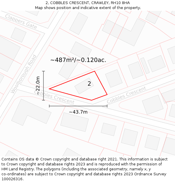 2, COBBLES CRESCENT, CRAWLEY, RH10 8HA: Plot and title map