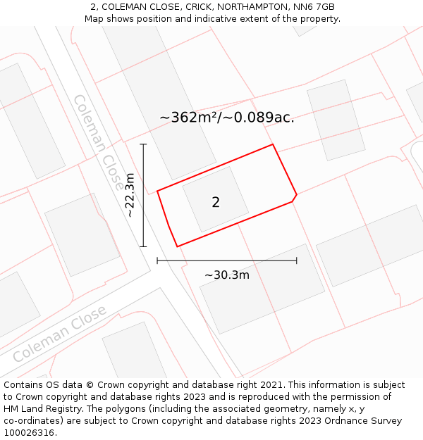 2, COLEMAN CLOSE, CRICK, NORTHAMPTON, NN6 7GB: Plot and title map