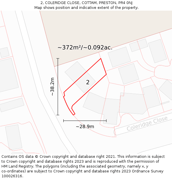 2, COLERIDGE CLOSE, COTTAM, PRESTON, PR4 0NJ: Plot and title map