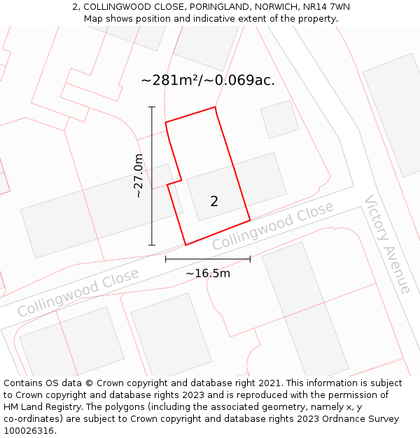 2, COLLINGWOOD CLOSE, PORINGLAND, NORWICH, NR14 7WN: Plot and title map