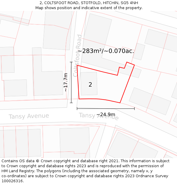 2, COLTSFOOT ROAD, STOTFOLD, HITCHIN, SG5 4NH: Plot and title map