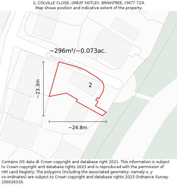 2, COLVILLE CLOSE, GREAT NOTLEY, BRAINTREE, CM77 7ZA: Plot and title map