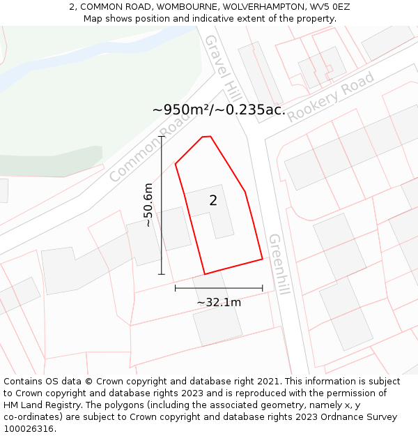 2, COMMON ROAD, WOMBOURNE, WOLVERHAMPTON, WV5 0EZ: Plot and title map