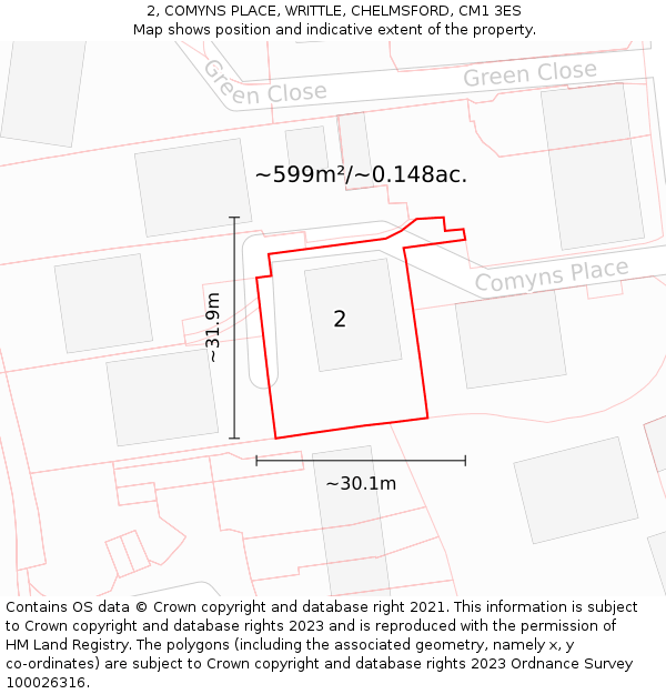 2, COMYNS PLACE, WRITTLE, CHELMSFORD, CM1 3ES: Plot and title map