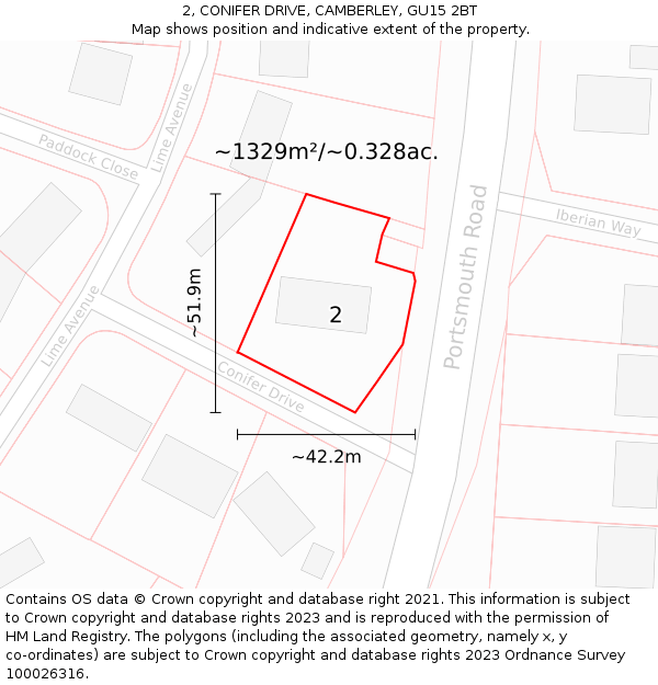 2, CONIFER DRIVE, CAMBERLEY, GU15 2BT: Plot and title map