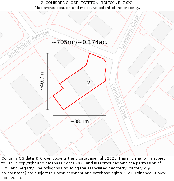 2, CONISBER CLOSE, EGERTON, BOLTON, BL7 9XN: Plot and title map