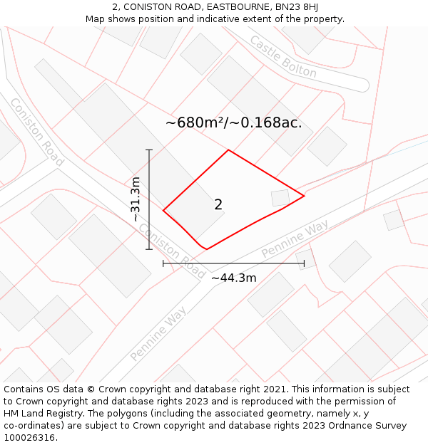 2, CONISTON ROAD, EASTBOURNE, BN23 8HJ: Plot and title map