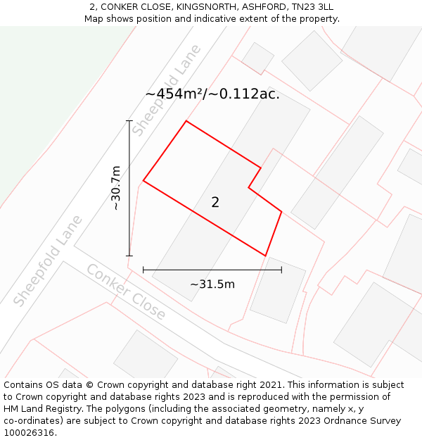 2, CONKER CLOSE, KINGSNORTH, ASHFORD, TN23 3LL: Plot and title map