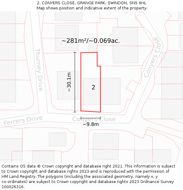 2, CONYERS CLOSE, GRANGE PARK, SWINDON, SN5 6HL: Plot and title map