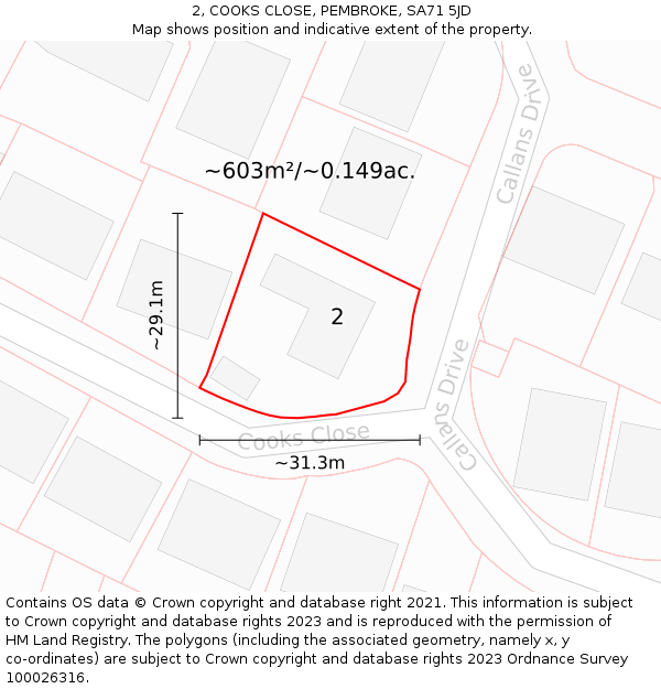 2, COOKS CLOSE, PEMBROKE, SA71 5JD: Plot and title map