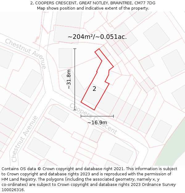 2, COOPERS CRESCENT, GREAT NOTLEY, BRAINTREE, CM77 7DG: Plot and title map