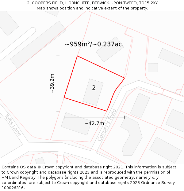 2, COOPERS FIELD, HORNCLIFFE, BERWICK-UPON-TWEED, TD15 2XY: Plot and title map