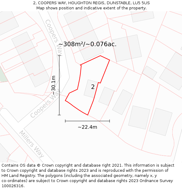 2, COOPERS WAY, HOUGHTON REGIS, DUNSTABLE, LU5 5US: Plot and title map