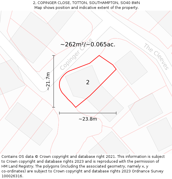 2, COPINGER CLOSE, TOTTON, SOUTHAMPTON, SO40 8WN: Plot and title map