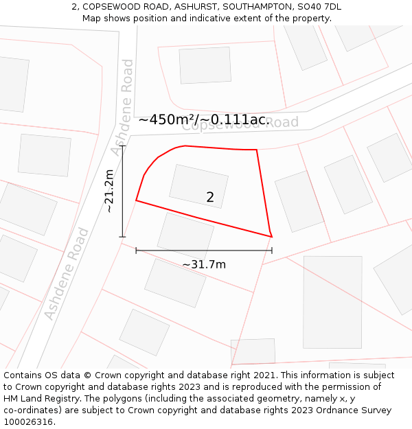 2, COPSEWOOD ROAD, ASHURST, SOUTHAMPTON, SO40 7DL: Plot and title map