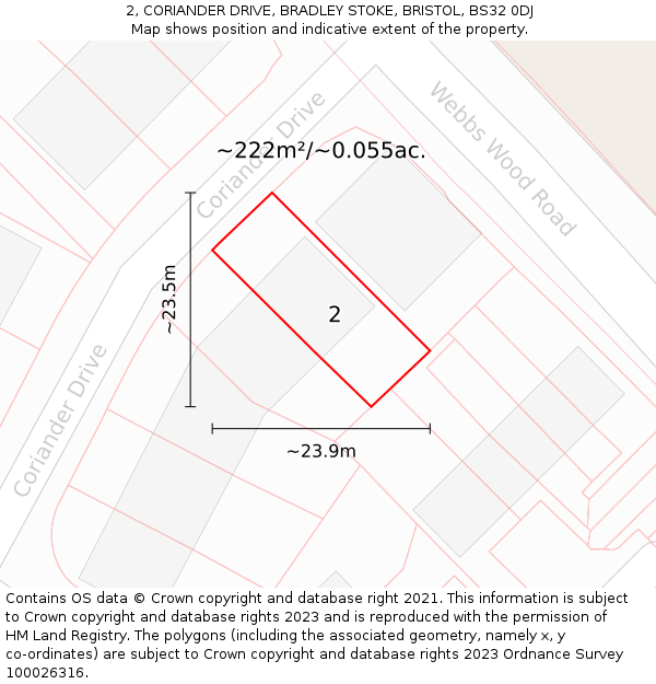 2, CORIANDER DRIVE, BRADLEY STOKE, BRISTOL, BS32 0DJ: Plot and title map