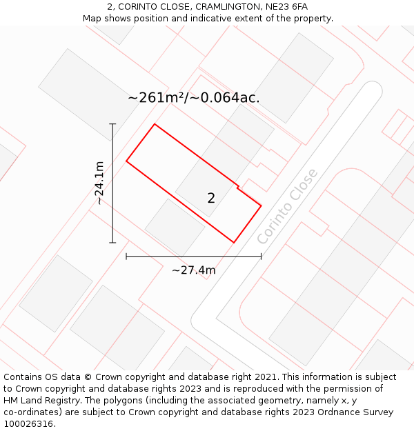 2, CORINTO CLOSE, CRAMLINGTON, NE23 6FA: Plot and title map