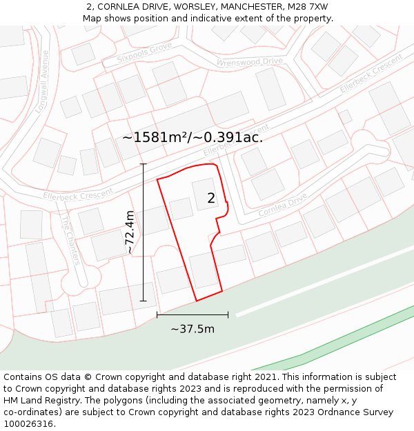 2, CORNLEA DRIVE, WORSLEY, MANCHESTER, M28 7XW: Plot and title map