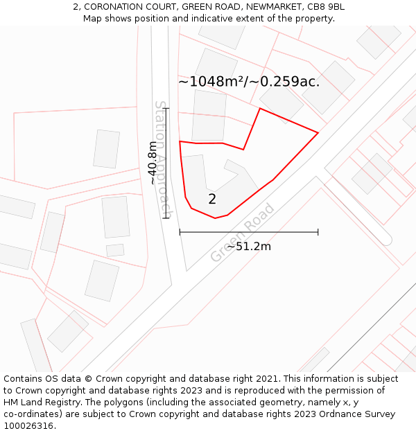 2, CORONATION COURT, GREEN ROAD, NEWMARKET, CB8 9BL: Plot and title map