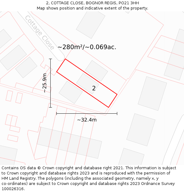 2, COTTAGE CLOSE, BOGNOR REGIS, PO21 3HH: Plot and title map