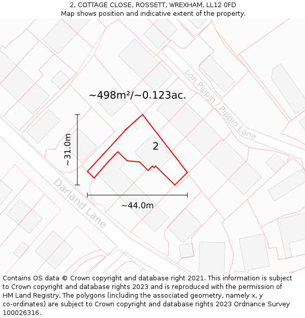 2, COTTAGE CLOSE, ROSSETT, WREXHAM, LL12 0FD: Plot and title map