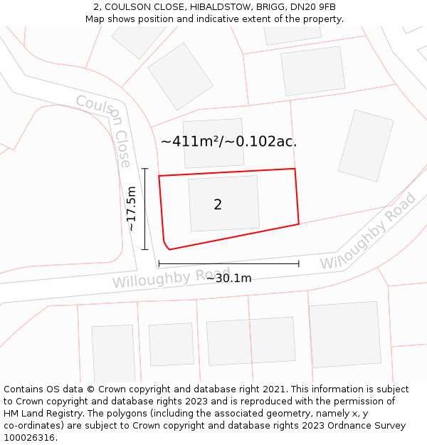 2, COULSON CLOSE, HIBALDSTOW, BRIGG, DN20 9FB: Plot and title map