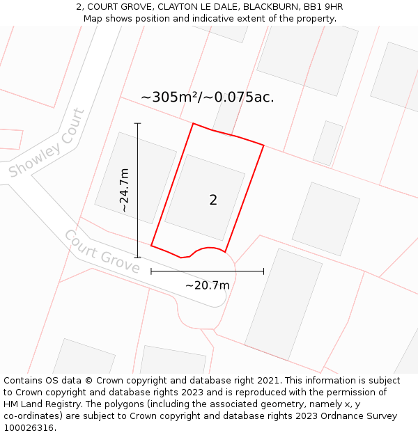 2, COURT GROVE, CLAYTON LE DALE, BLACKBURN, BB1 9HR: Plot and title map