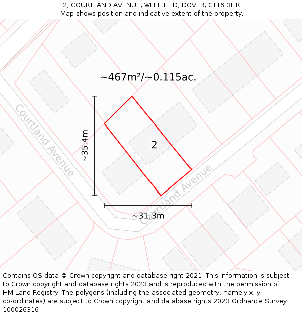 2, COURTLAND AVENUE, WHITFIELD, DOVER, CT16 3HR: Plot and title map