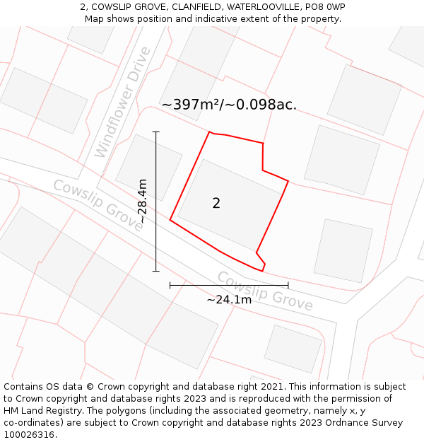 2, COWSLIP GROVE, CLANFIELD, WATERLOOVILLE, PO8 0WP: Plot and title map