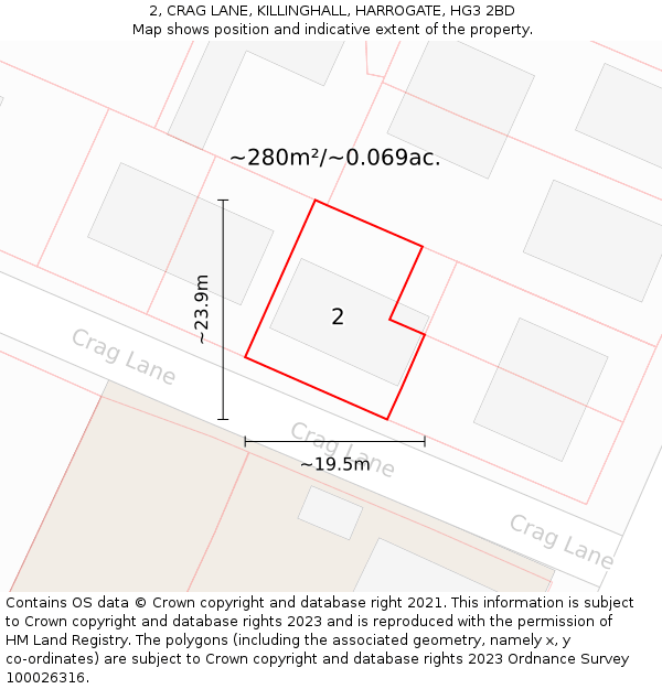 2, CRAG LANE, KILLINGHALL, HARROGATE, HG3 2BD: Plot and title map