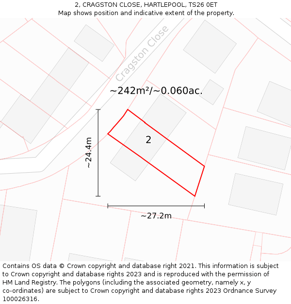 2, CRAGSTON CLOSE, HARTLEPOOL, TS26 0ET: Plot and title map