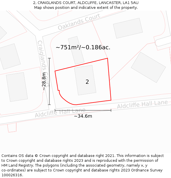 2, CRAIGLANDS COURT, ALDCLIFFE, LANCASTER, LA1 5AU: Plot and title map