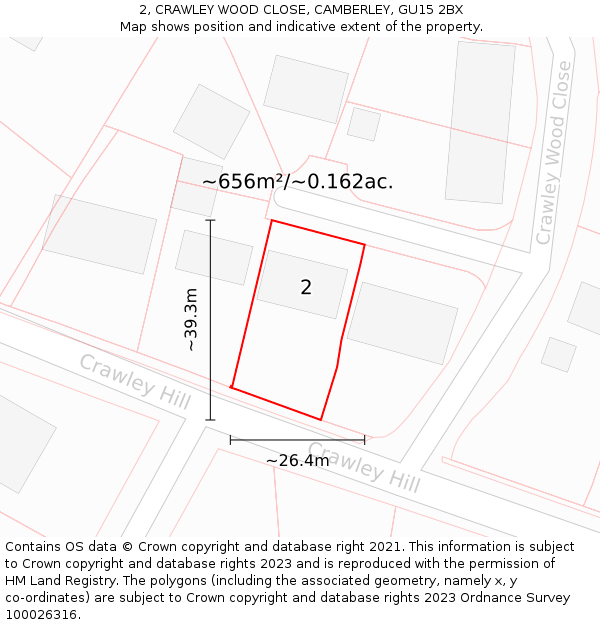 2, CRAWLEY WOOD CLOSE, CAMBERLEY, GU15 2BX: Plot and title map