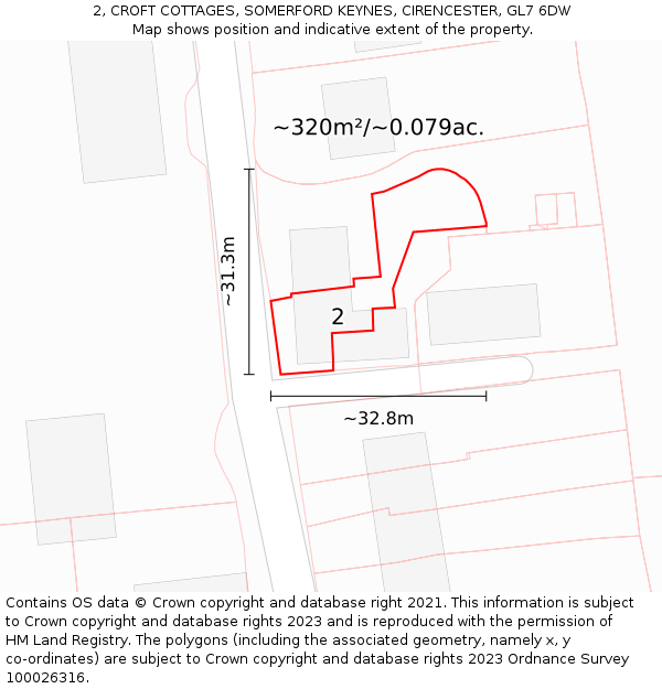 2, CROFT COTTAGES, SOMERFORD KEYNES, CIRENCESTER, GL7 6DW: Plot and title map
