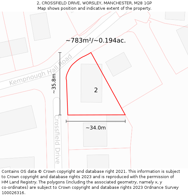 2, CROSSFIELD DRIVE, WORSLEY, MANCHESTER, M28 1GP: Plot and title map