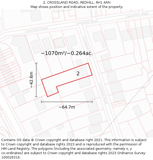 2, CROSSLAND ROAD, REDHILL, RH1 4AN: Plot and title map